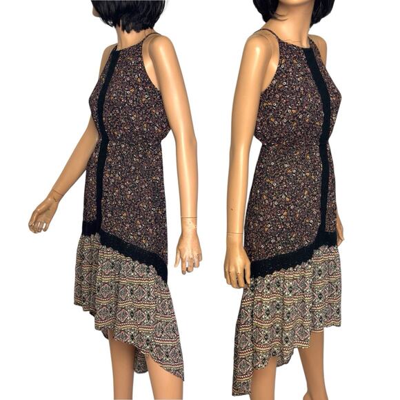 Boho Hi Low Halter Dress XS Brown Floral Dark Prairie Earthy Whimsigoth Hippie - Picture 5 of 16